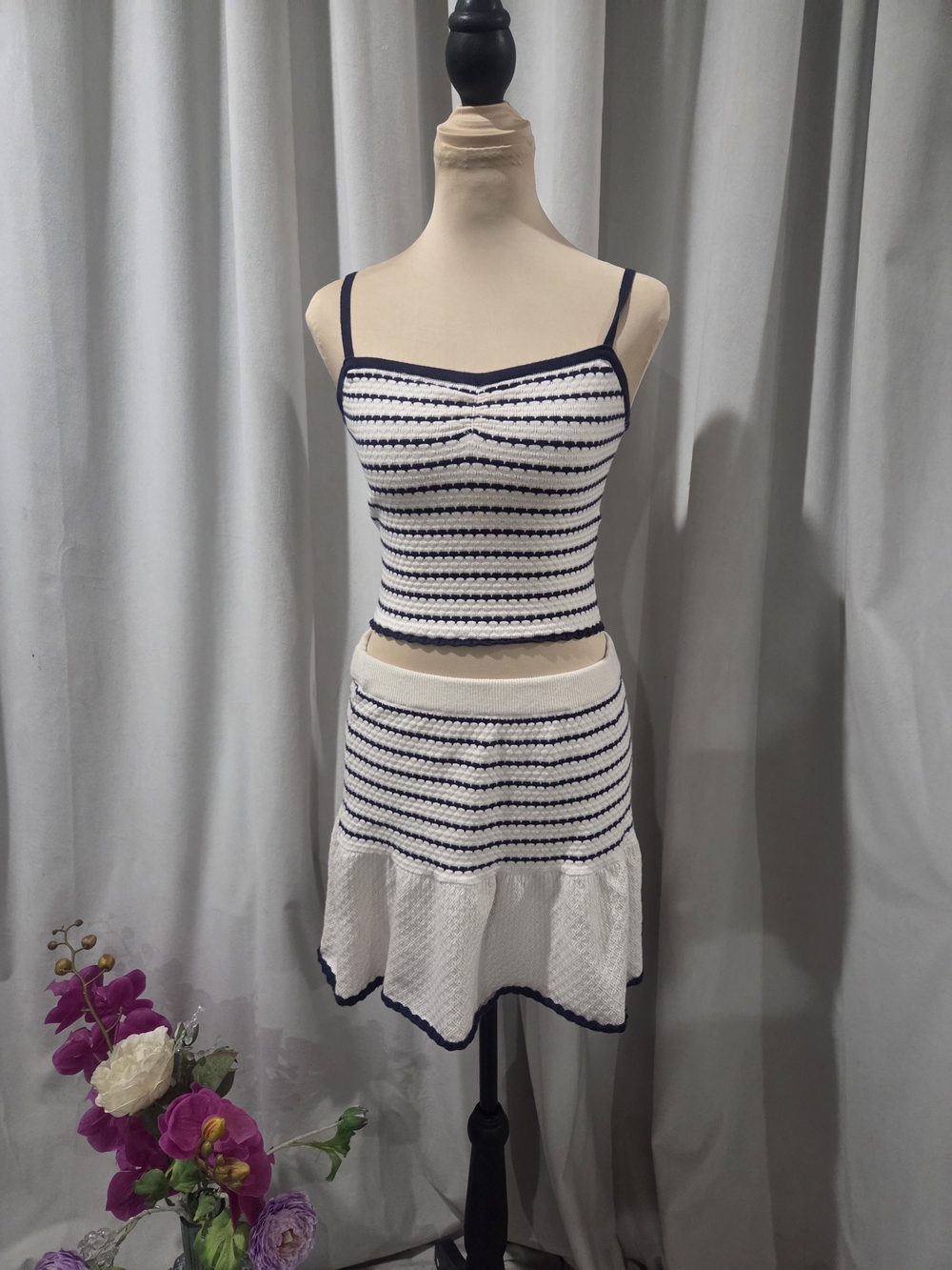 Striped Navy and Cream Knit Skirt Set - Sleeveless Crop Top & Flared Skirt